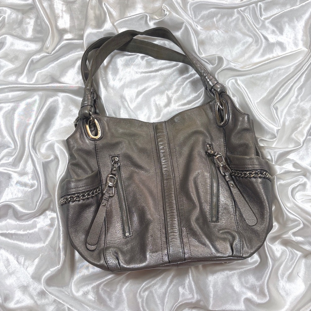 y2k B. Makowsky Hobo Bag Metallic Pewter Excellent Leather Chain Detail Shoulder